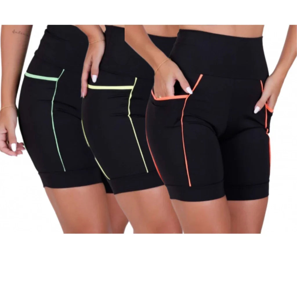 Kit com 3 Shorts Fitness Cós Alto Refletiva de Corrida e Academia de Média Compressão com Bolsos Profundos